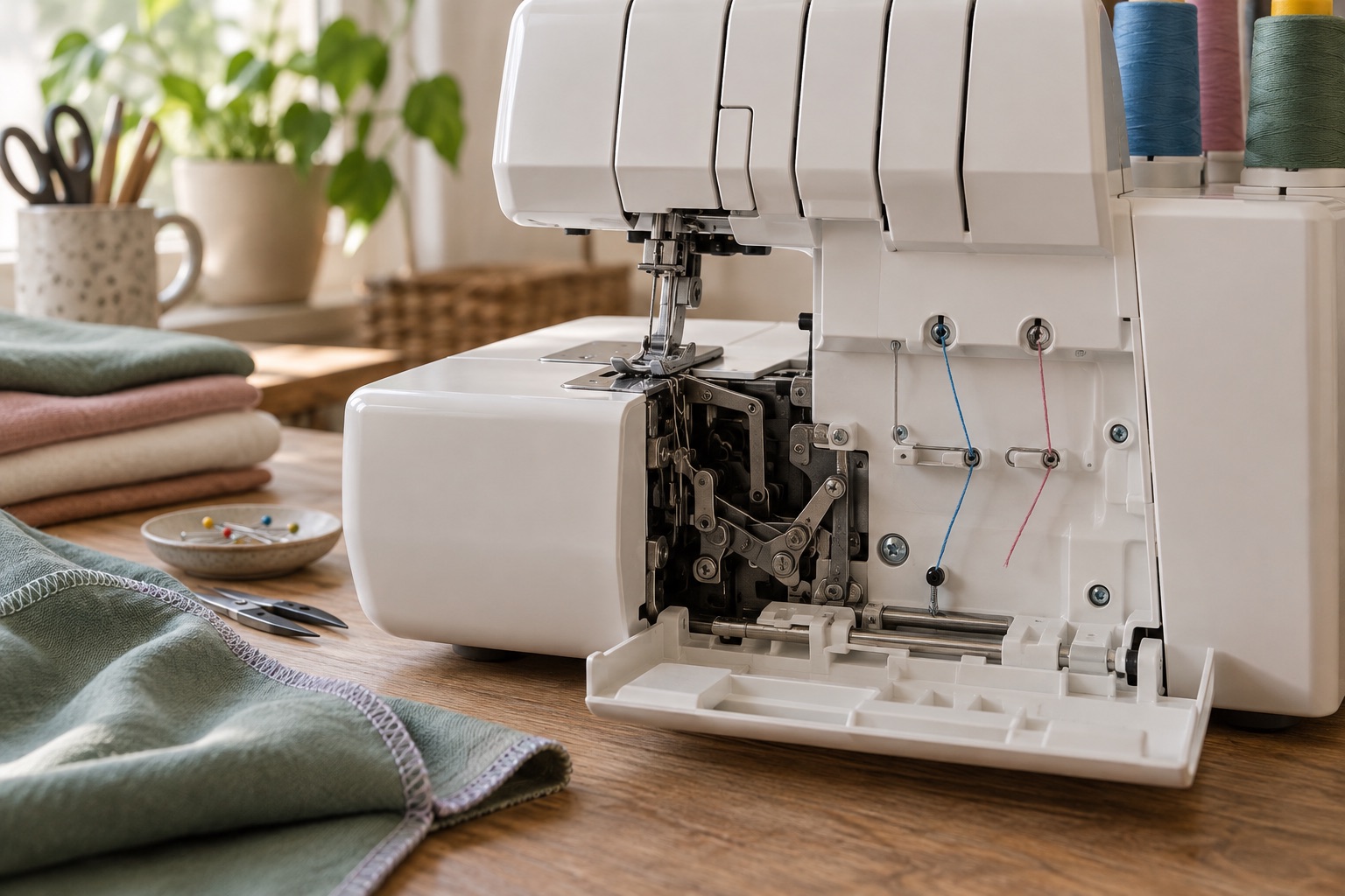 Editorial close-up of an open unbranded overlocker and two looper-thread inlet ports