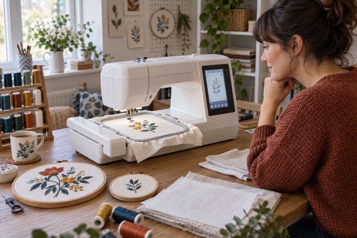 An unbranded single-needle embroidery machine stitching a botanical motif in a hoop in a home sewing room