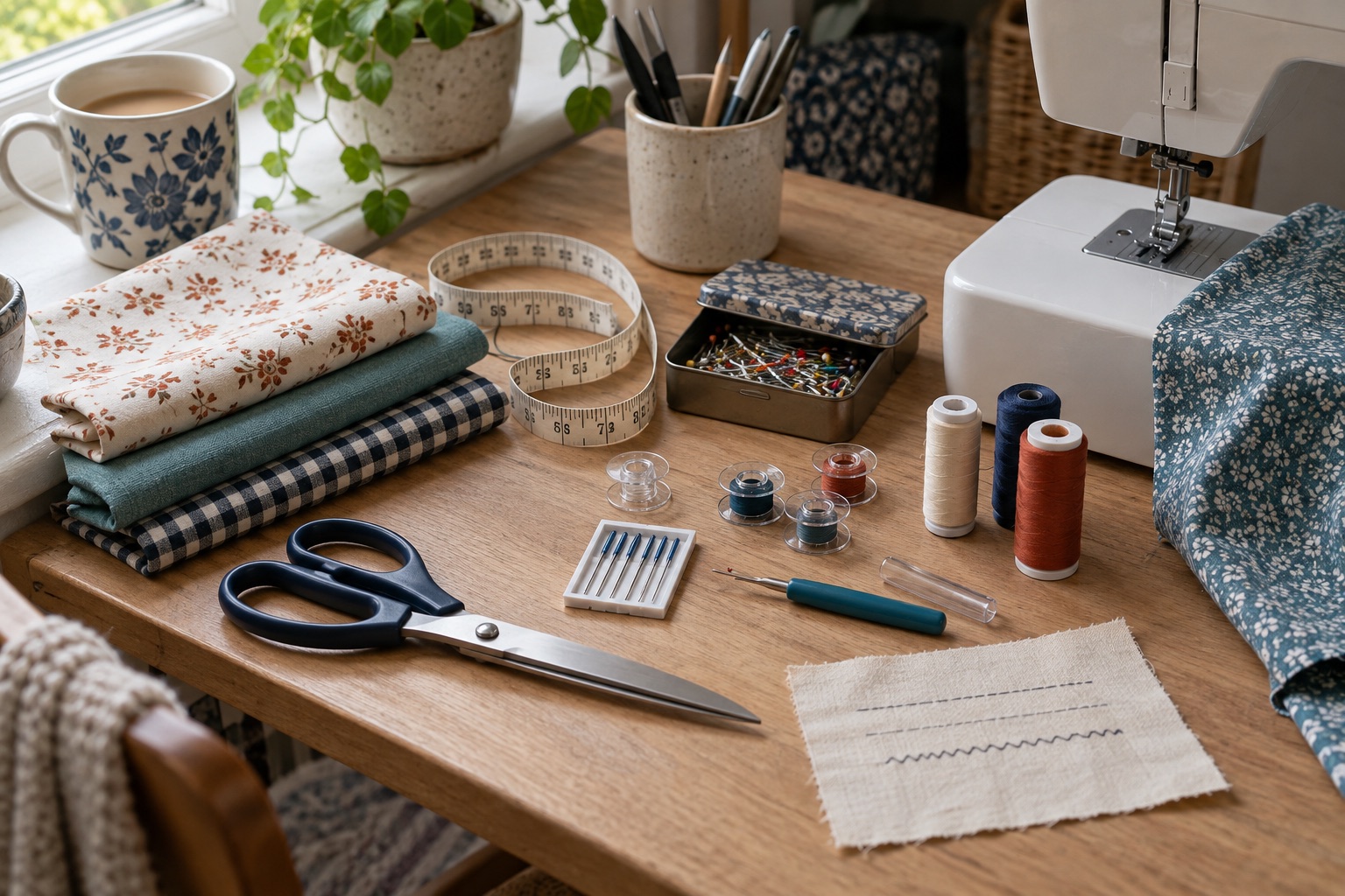 A considered home-sewing starter toolkit with shears, tape, pins, seam ripper, needles, bobbins and thread on a wooden table
