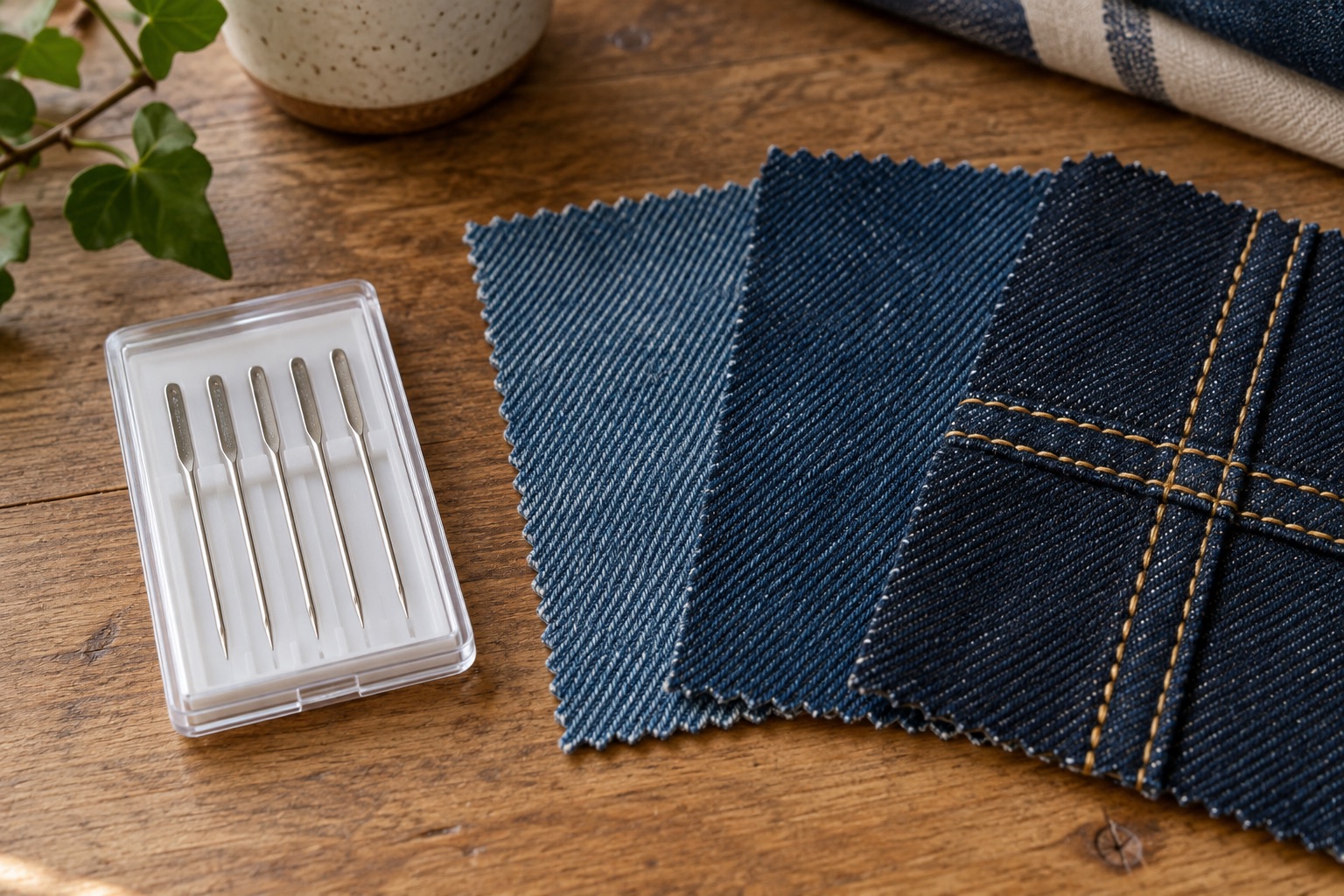 A protective case of machine needles beside three indigo denim sample weights