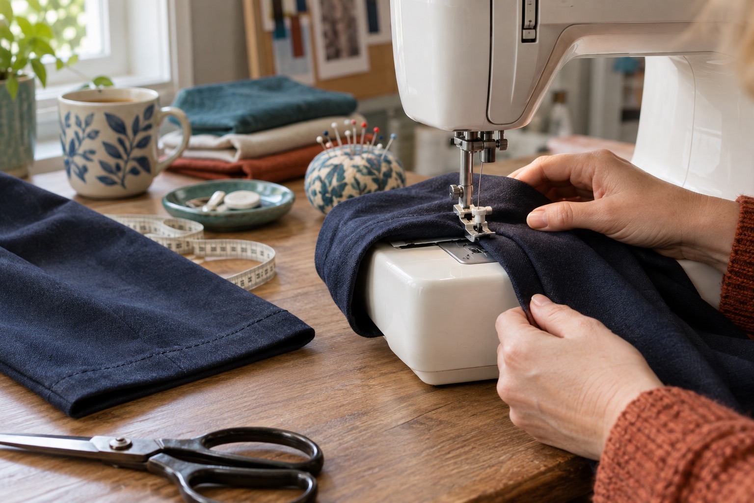 Dark fabric folded for a trouser hem beside an unbranded domestic machine and a finished hem sample
