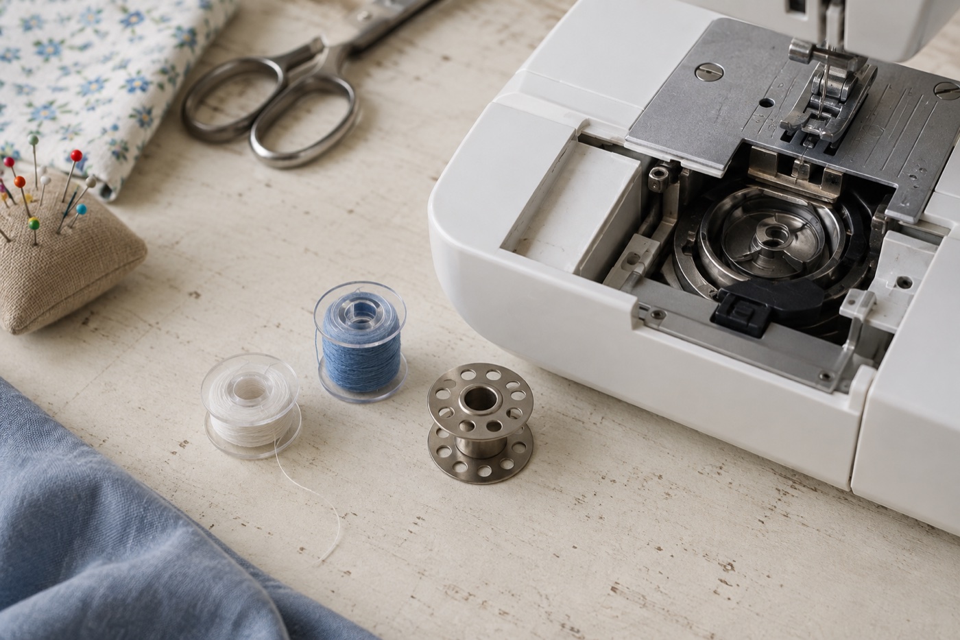 Three different domestic bobbins beside the open bobbin area of an unbranded machine