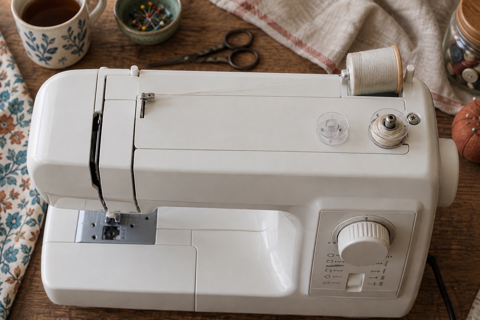 Domestic sewing machine bobbin-winding spindle and thread spool on a bright worktable