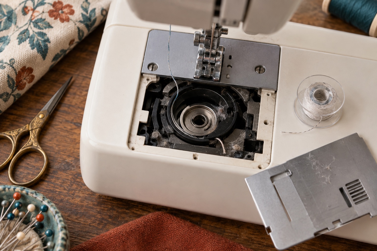 Open accessible bobbin area of an unbranded machine with a separate clear bobbin and short broken thread tail