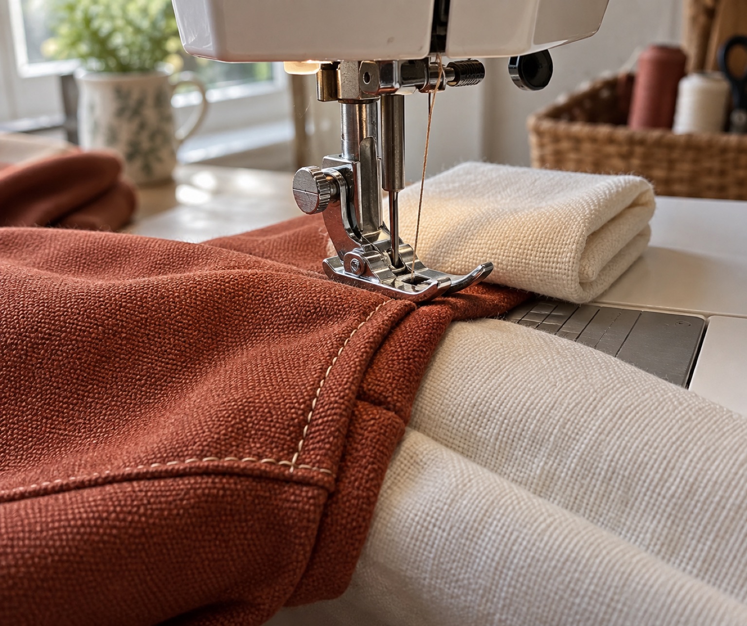 A generic machine at a bulky rust-fabric seam with a folded height-support scrap behind the foot