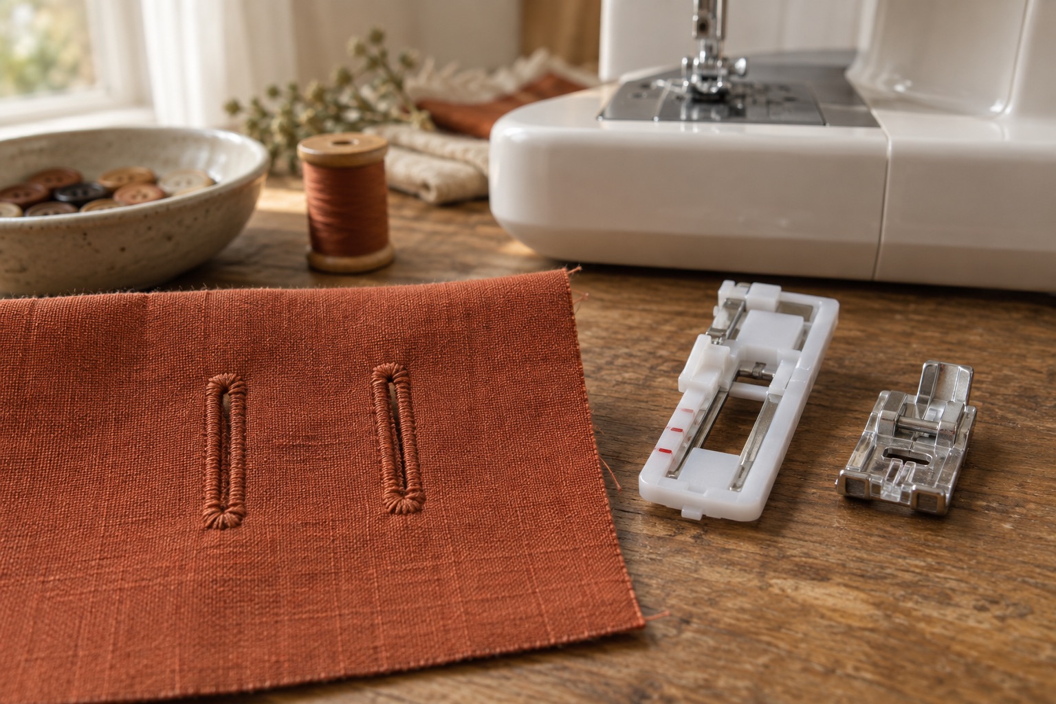 Two sewn buttonholes beside different unbranded buttonhole feet on a home worktable