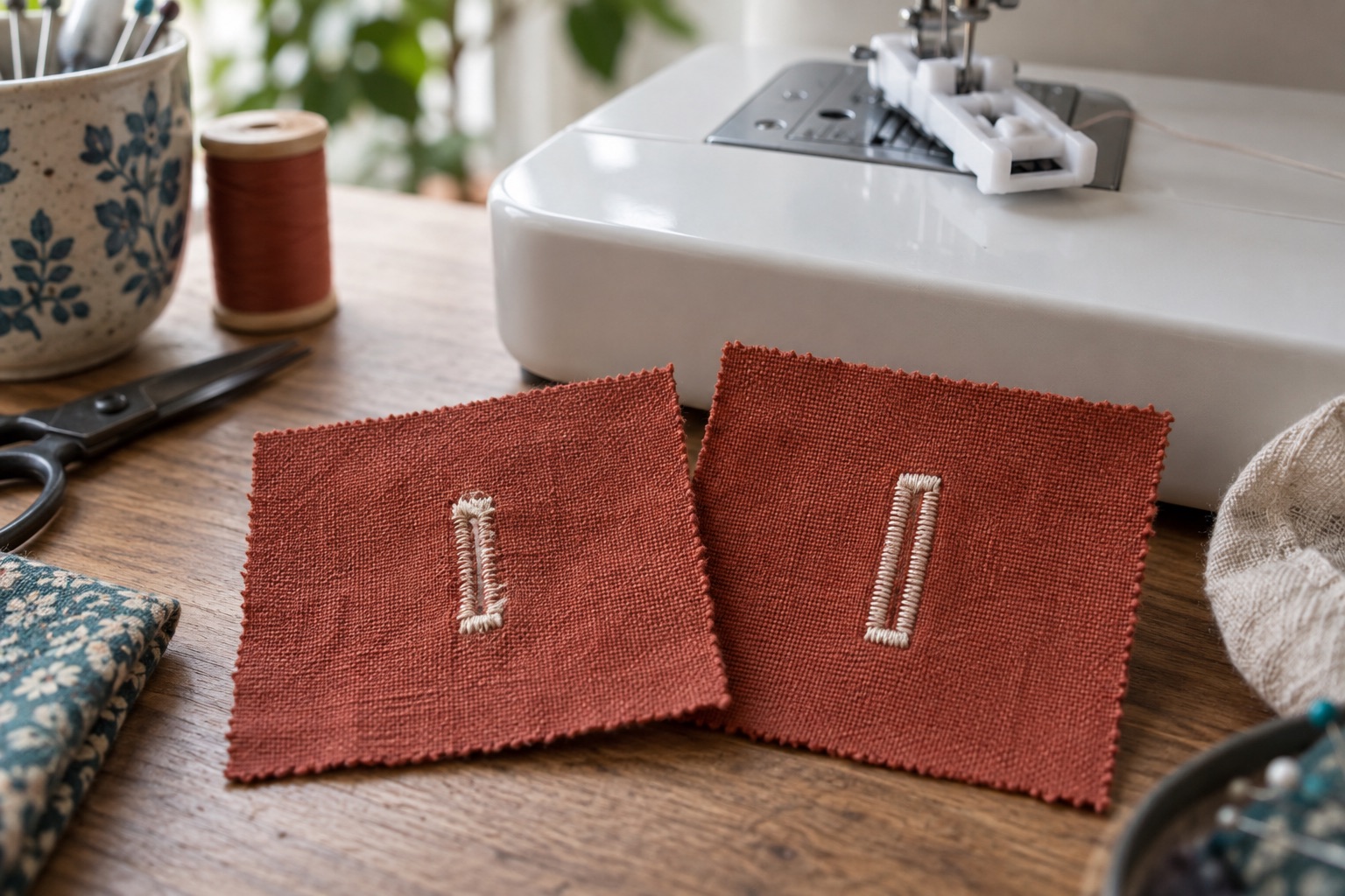 Two sample buttonholes sewn on fabric near an unbranded domestic sewing machine