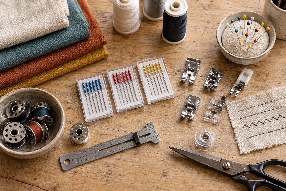 Needles, thread and presser feet on a sewing workbench