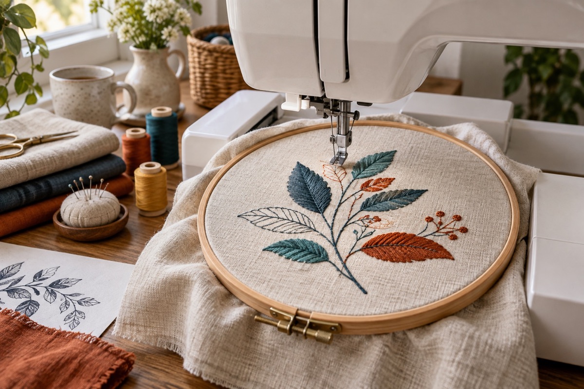 Embroidery hoop and stitched fabric in a home sewing studio