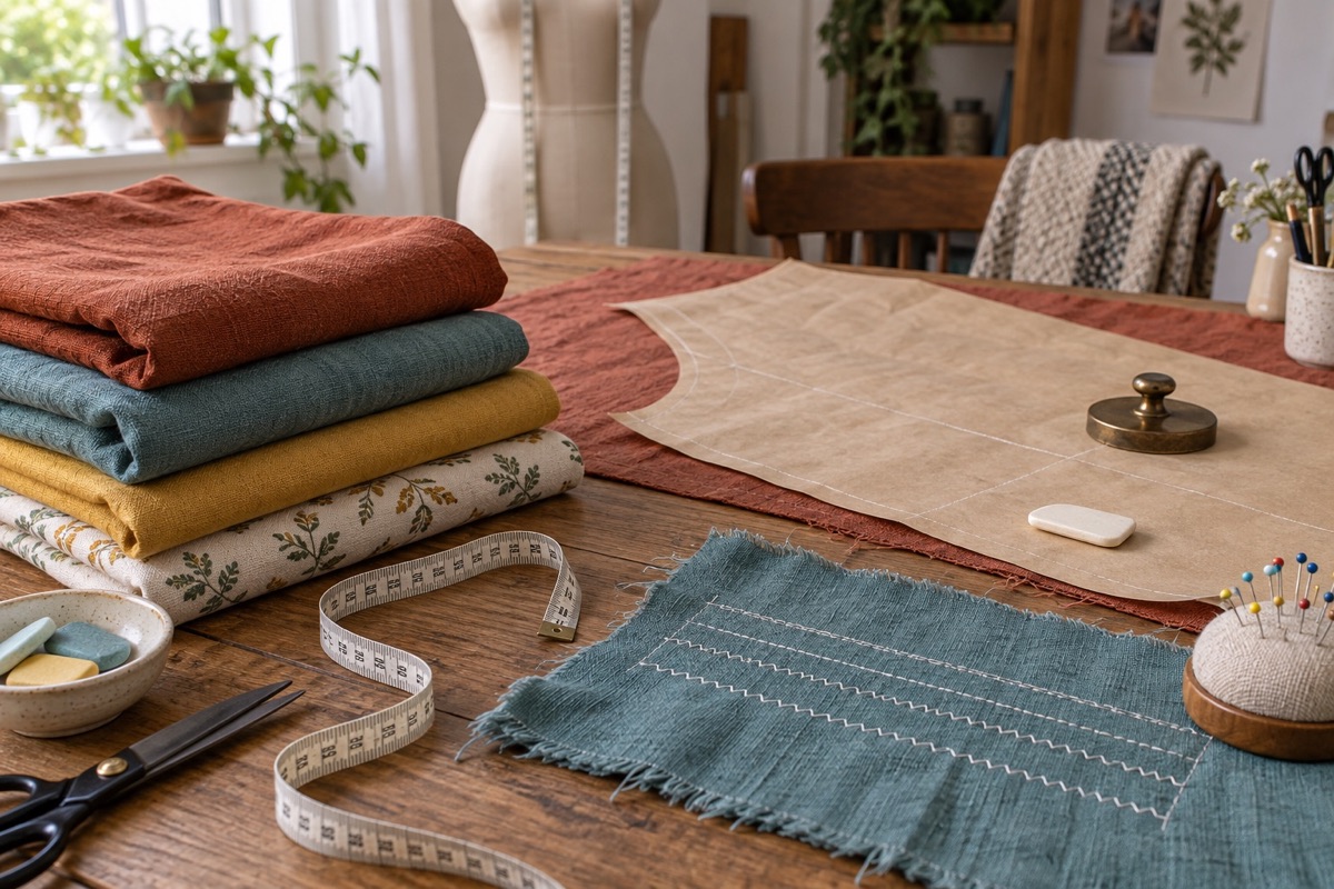 Fabric and tools arranged on a sewing worktable