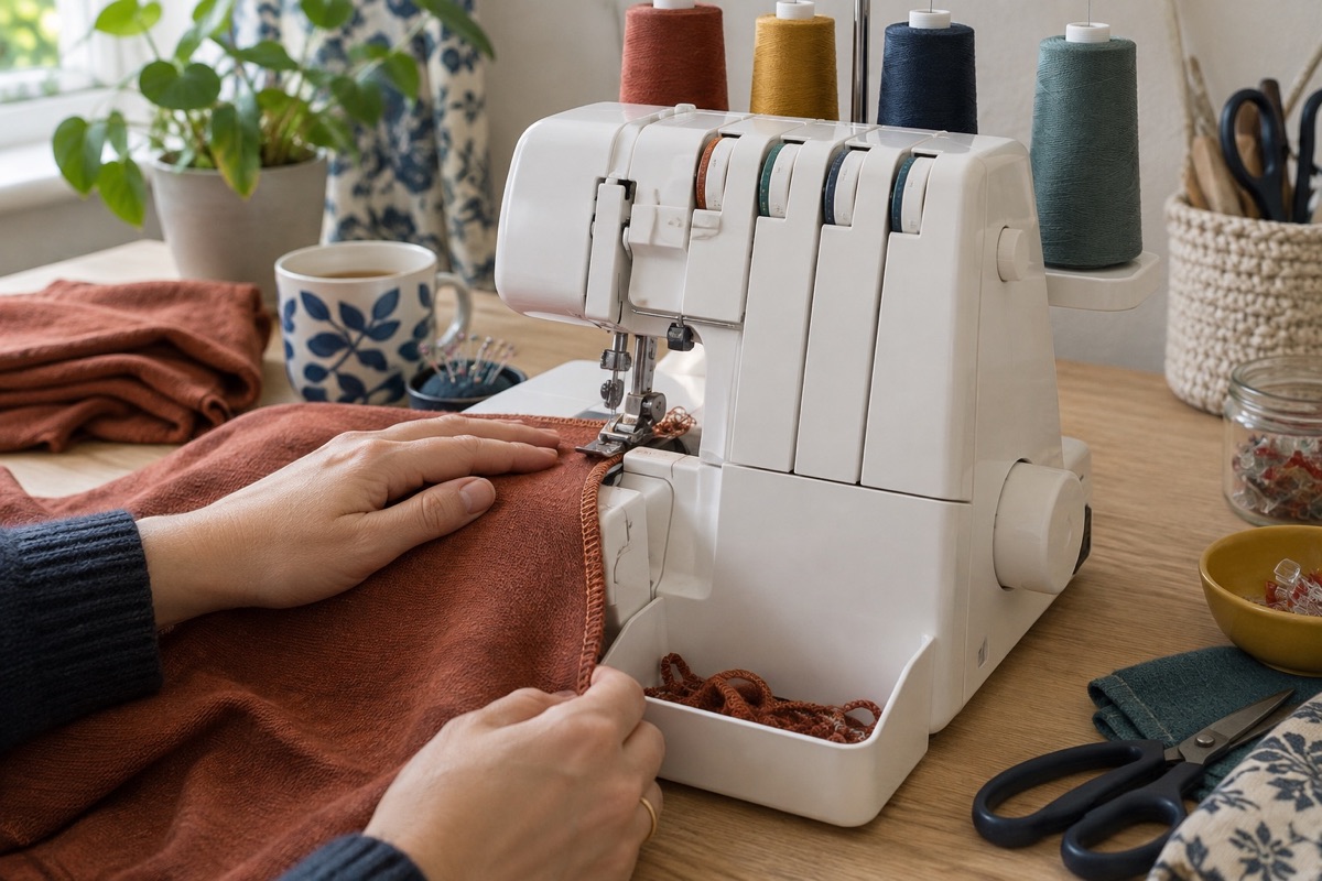 Overlocker and thread cones on a sewing table