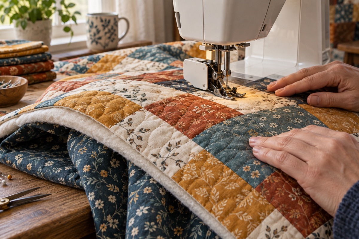 Patchwork quilt being guided through a domestic sewing machine
