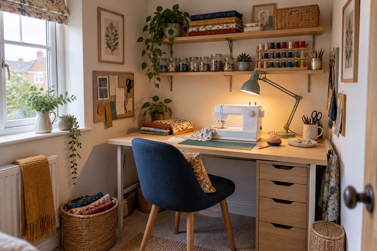 A compact home sewing area with a machine, task light and fabric support
