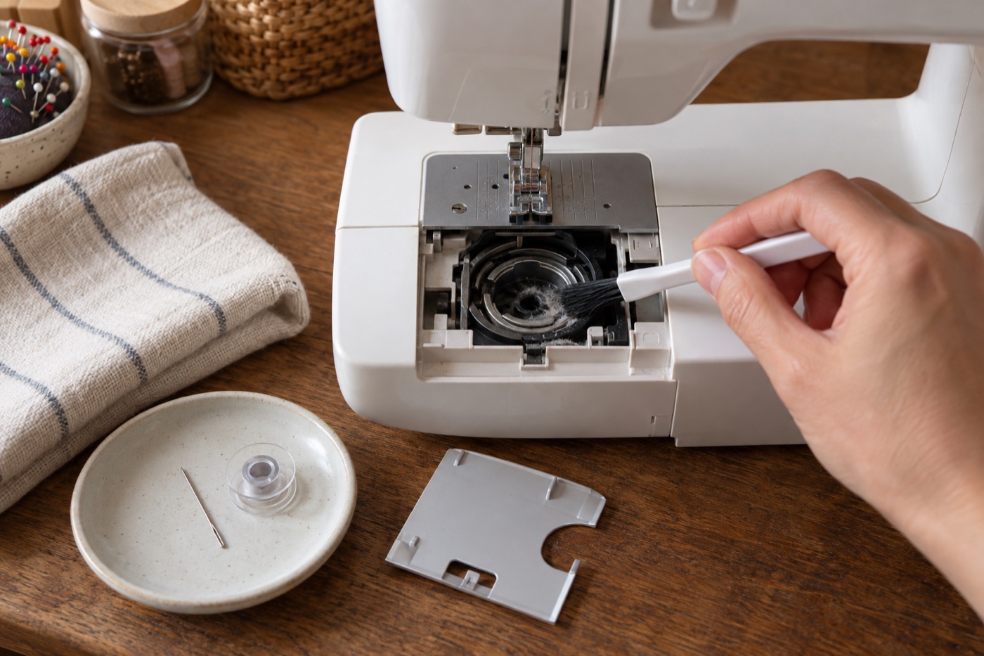 Soft brush removing accessible lint from an unbranded machine's open bobbin area