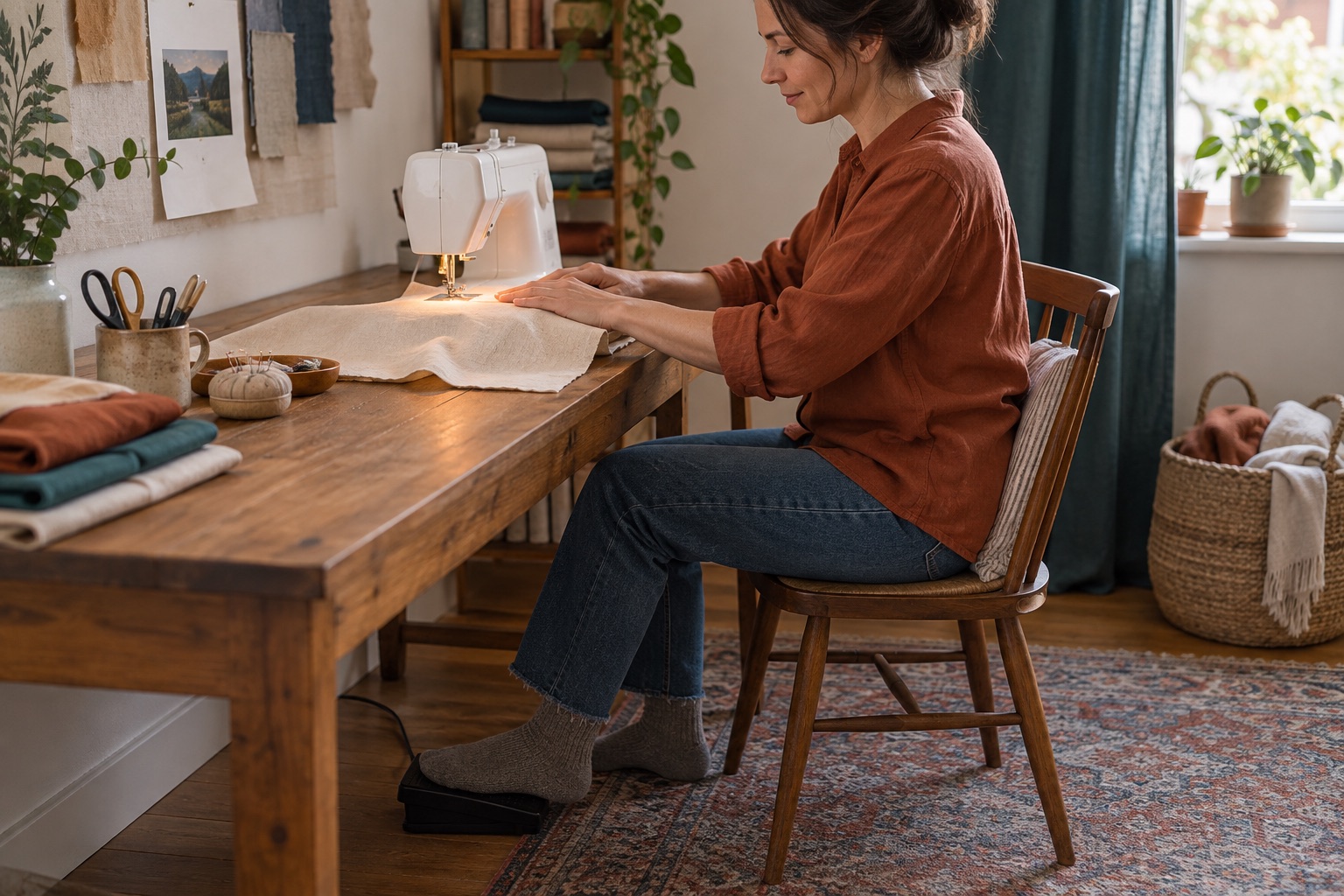 Foot gently pressing a sewing-machine controller below a table with a cotton practice seam above