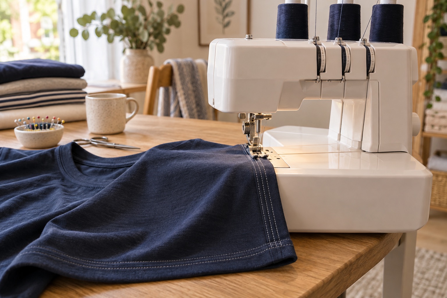 Editorial scene of an unbranded coverstitch machine and a navy jersey hem