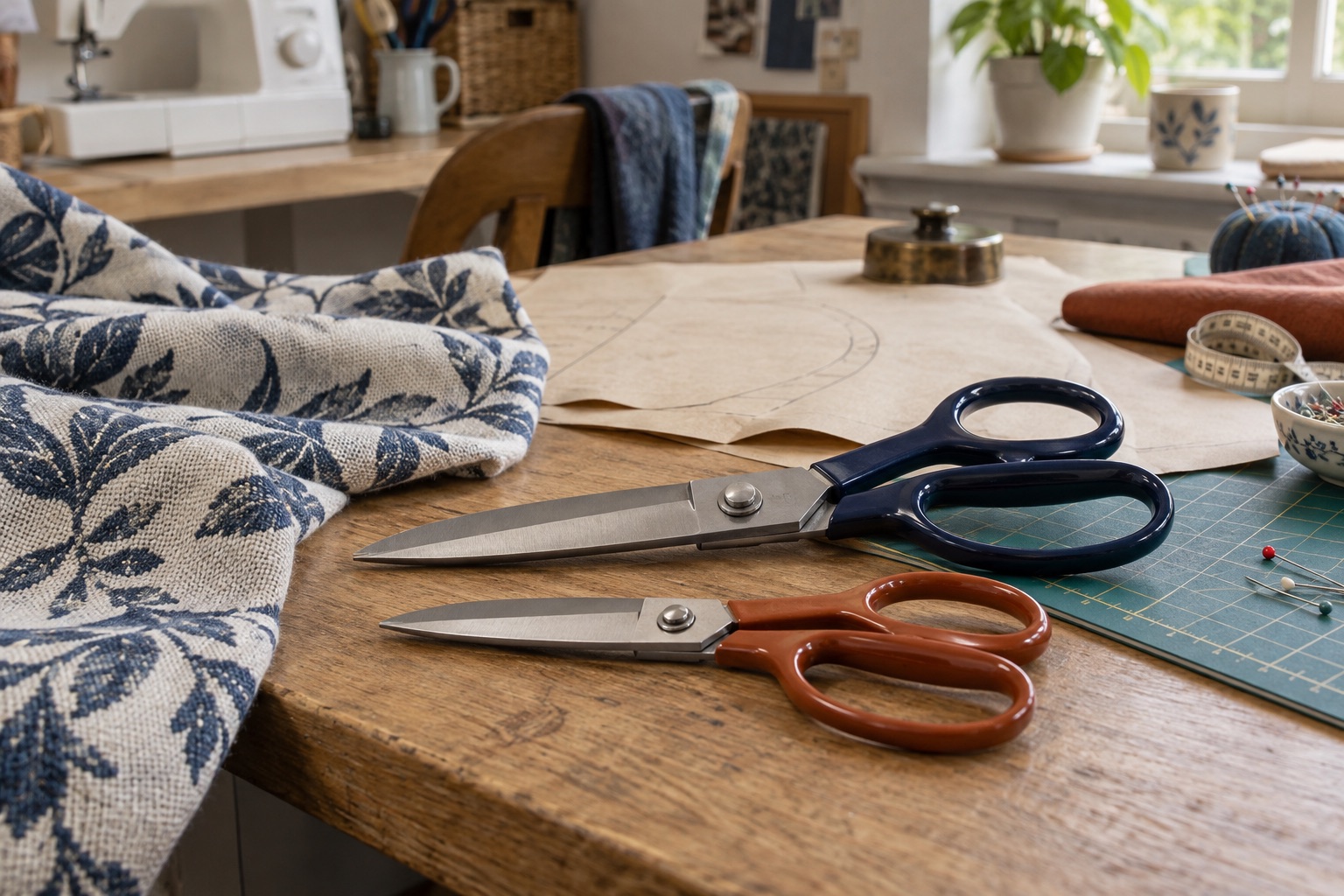 Two differently sized unbranded fabric shears lying closed on a sewing table beside cloth and pattern paper