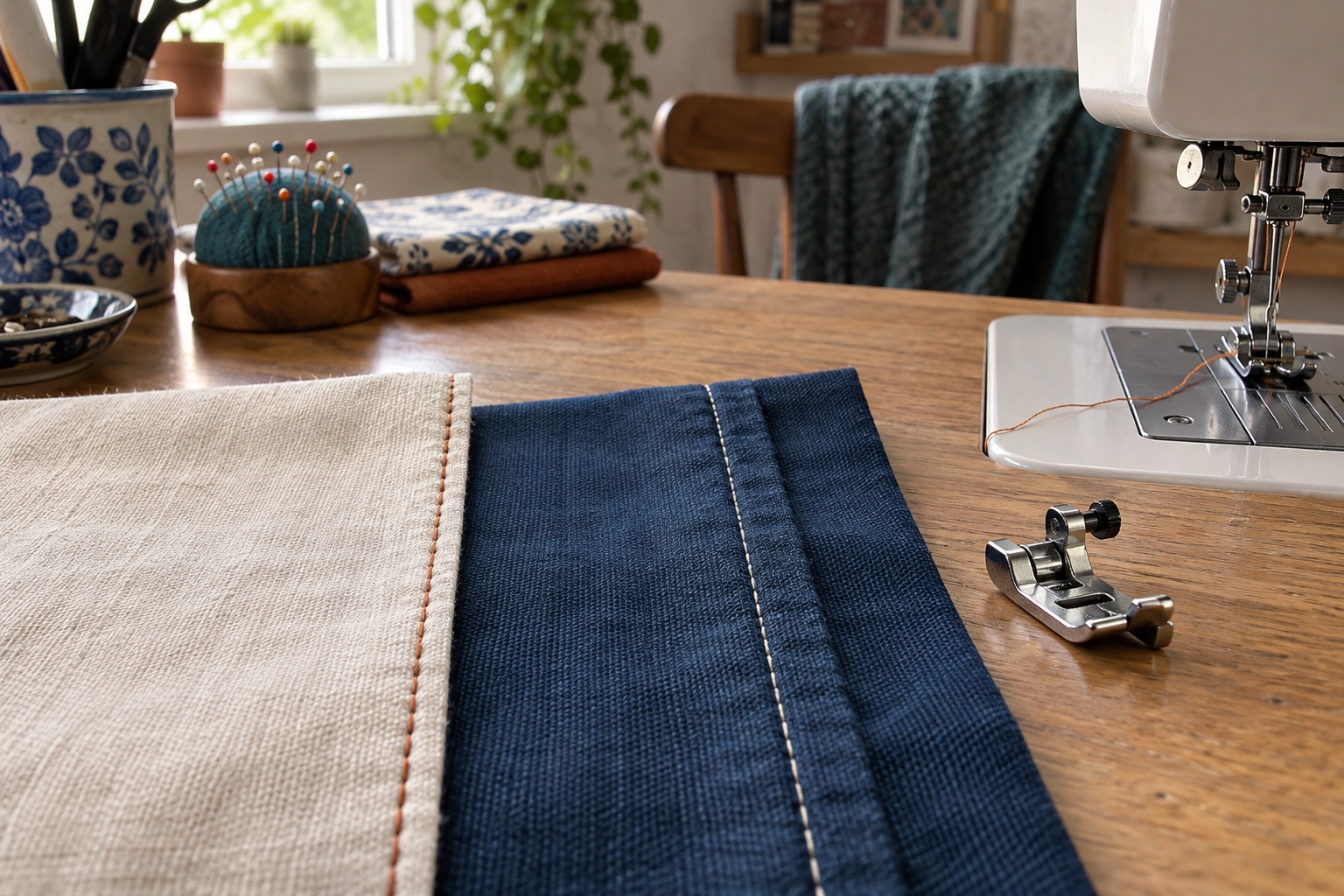 Two fabric samples showing a line of edge topstitching and a line placed close to an existing seam