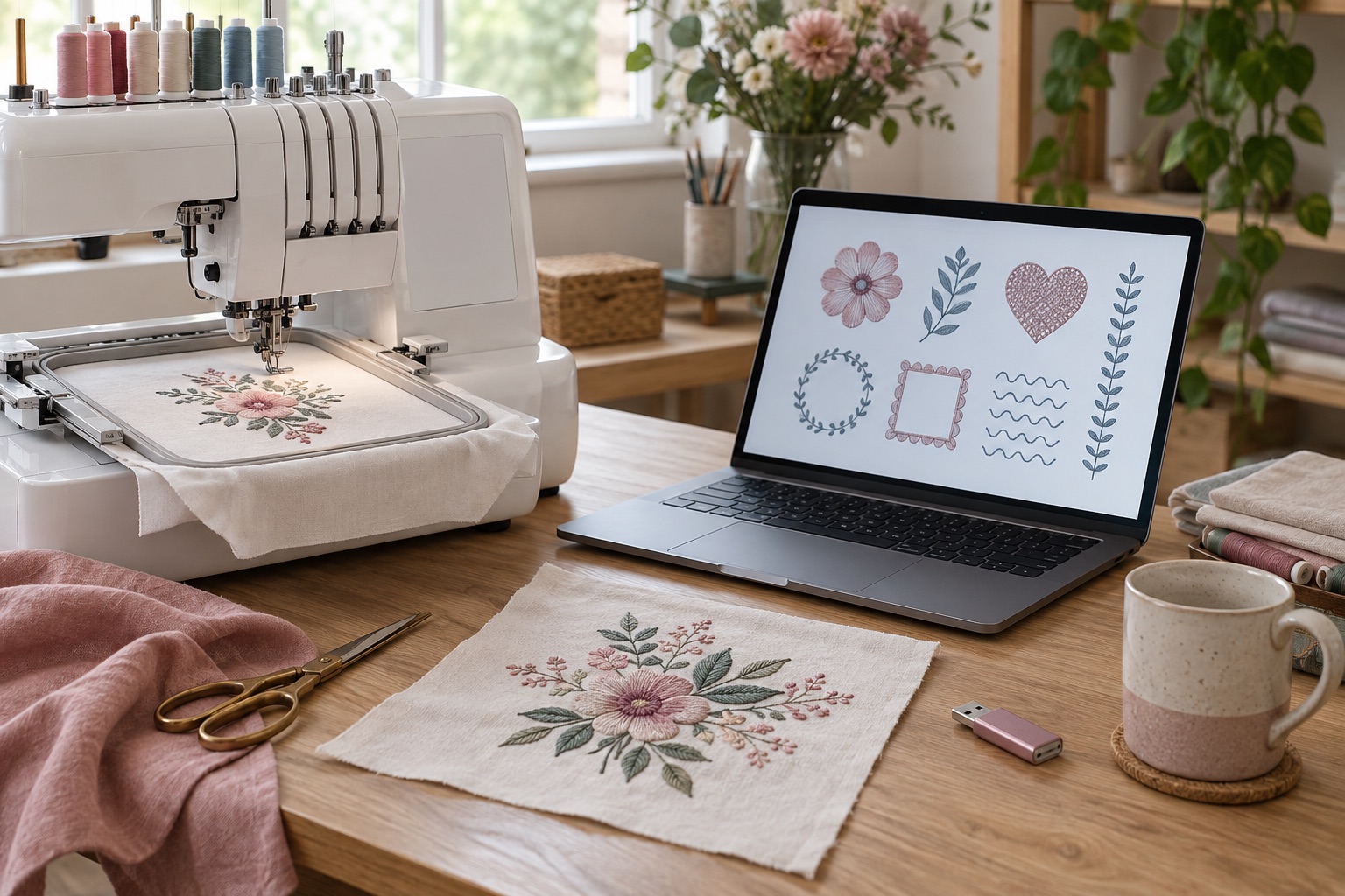 Editorial sewing desk with an embroidery machine, laptop, USB stick and stitched sample