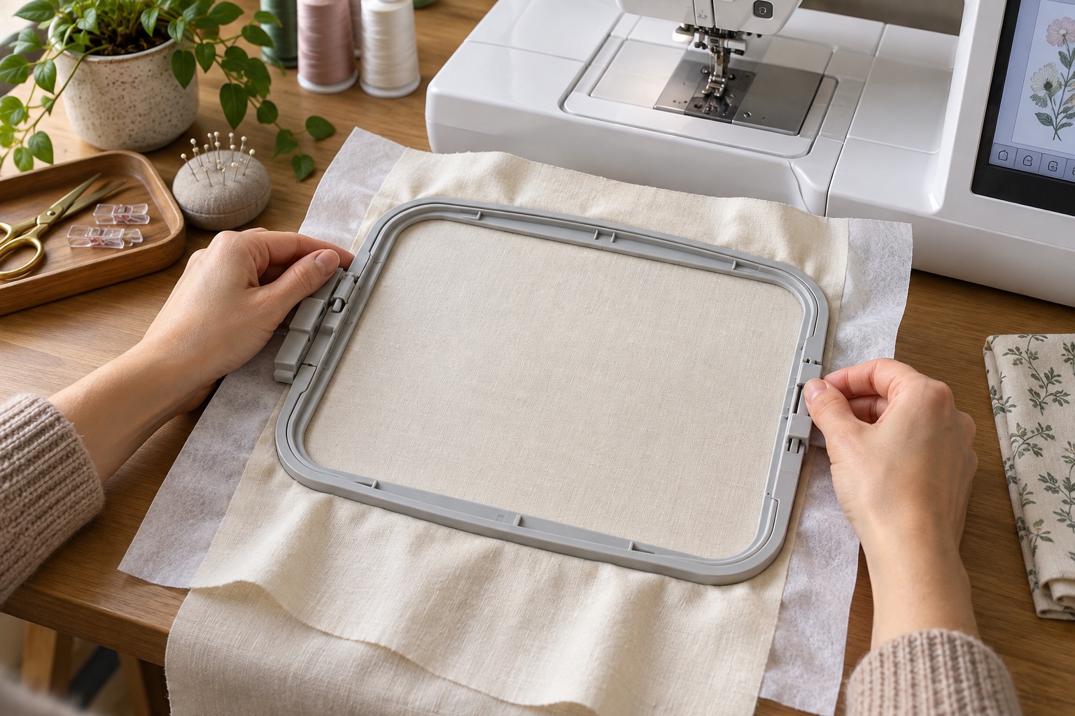 Hands holding a rectangular plastic machine-embroidery hoop over smooth woven cotton and stabiliser