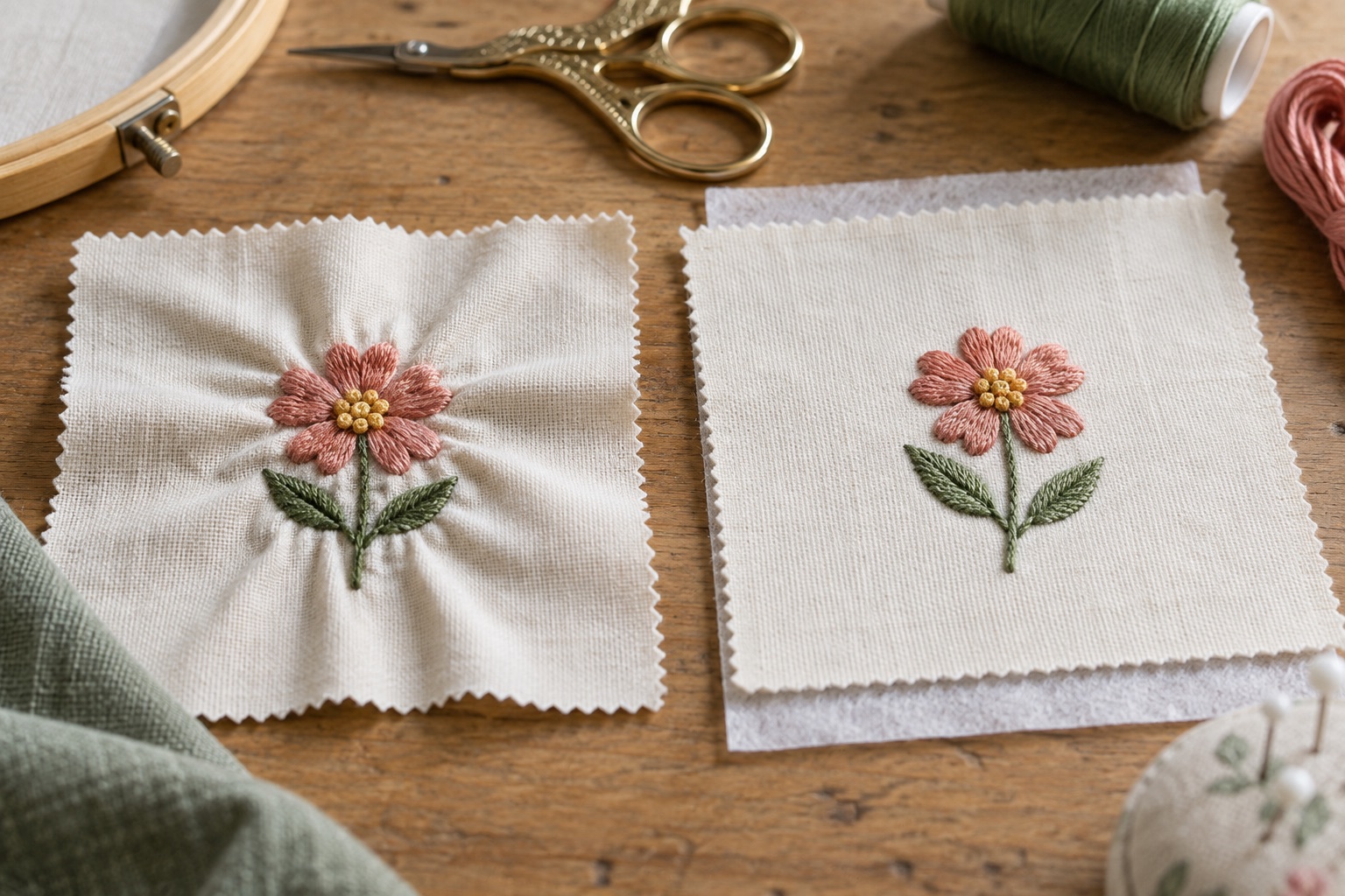 Two stitched fabric swatches showing a puckered floral motif and a smooth comparison