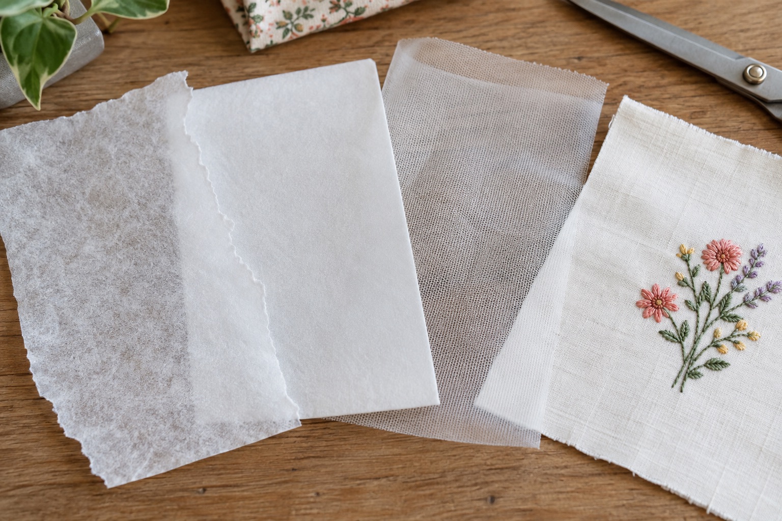 Different papery and mesh-like stabiliser swatches beside an embroidered cotton sample