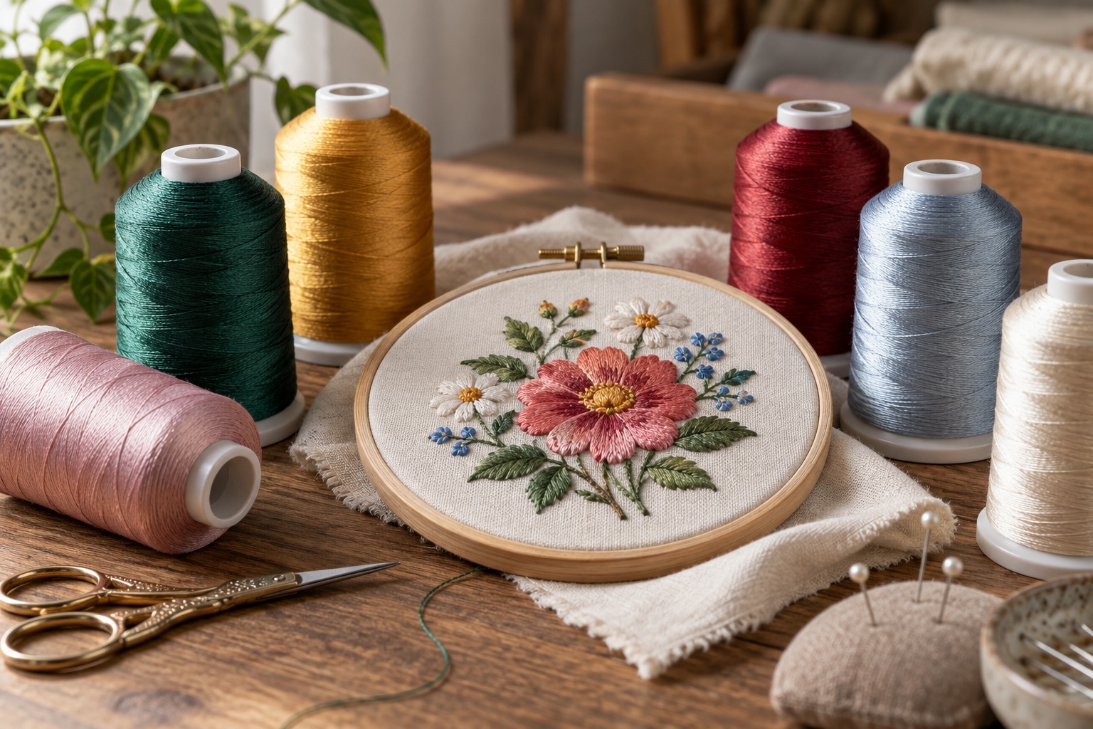 Unbranded coloured machine-embroidery thread spools surrounding a floral stitched sample