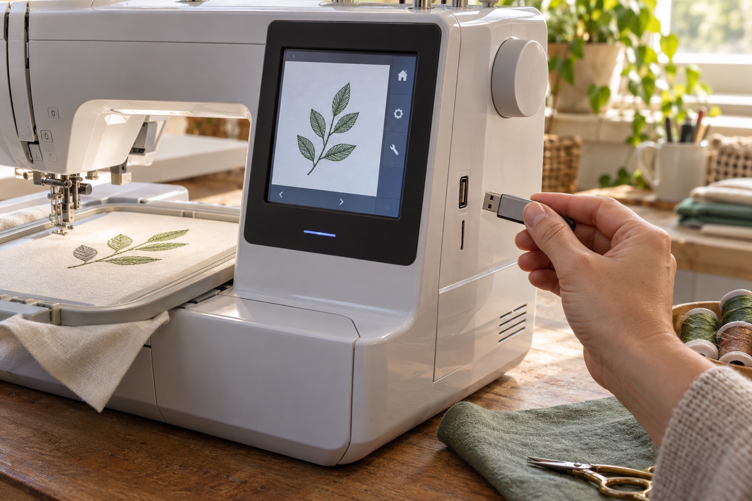 A USB stick beside an unbranded embroidery machine and a simple design preview