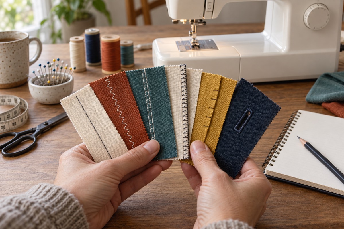 Fabric samples showing straight, zigzag, stretch, overcasting and buttonhole stitches beside an unbranded machine