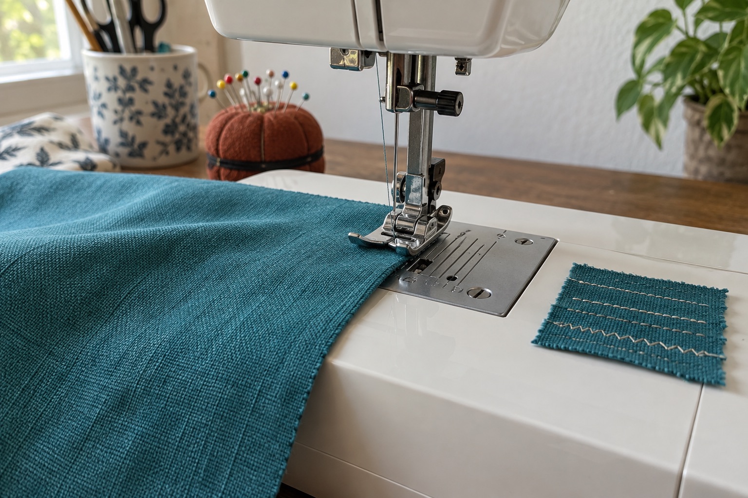 Teal woven cotton sitting beneath the stationary presser foot of an unbranded sewing machine