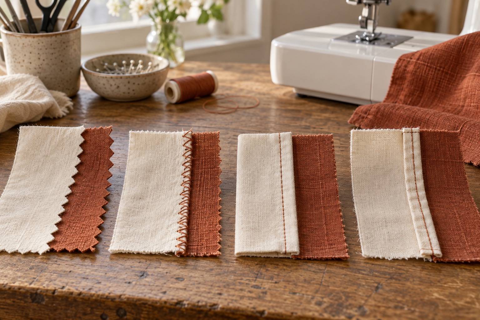 Four woven-fabric seam samples with pinked, zigzag, folded and enclosed finishes