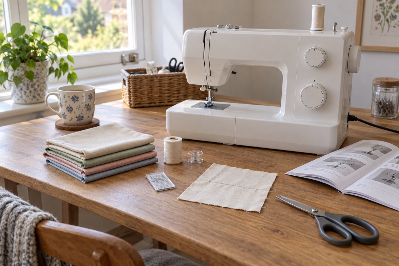 Unbranded basic machine, cotton practice squares, thread and a manual arranged on a home workbench