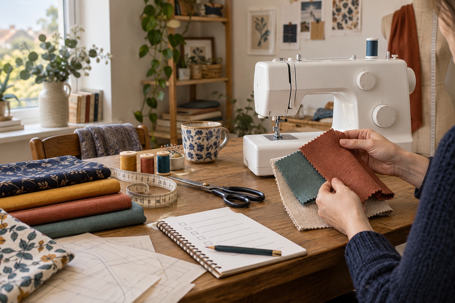 Domestic machine and everyday sewing materials on a worktable