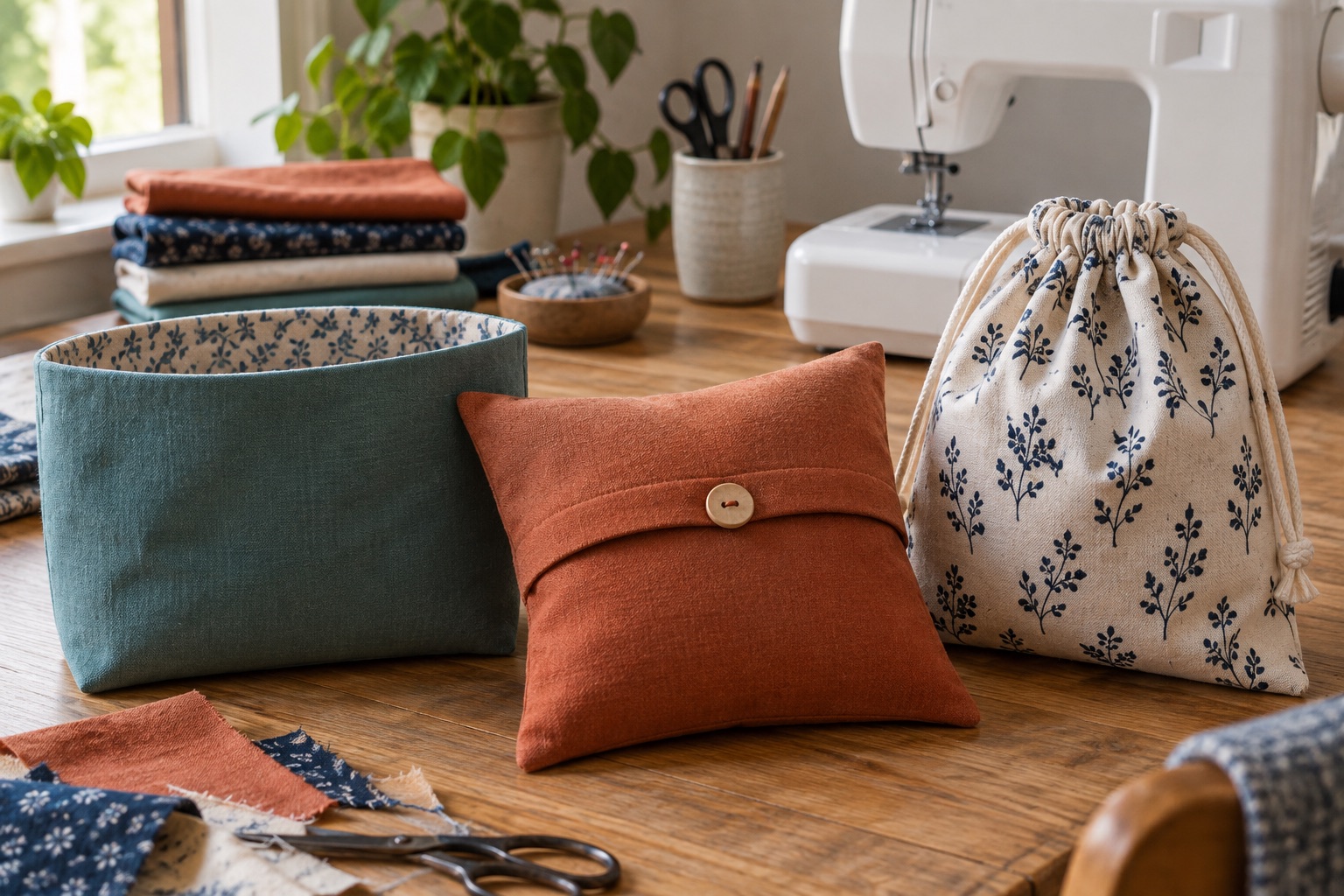 Five small beginner fabric projects and cut cotton pieces arranged beside an unbranded home sewing machine