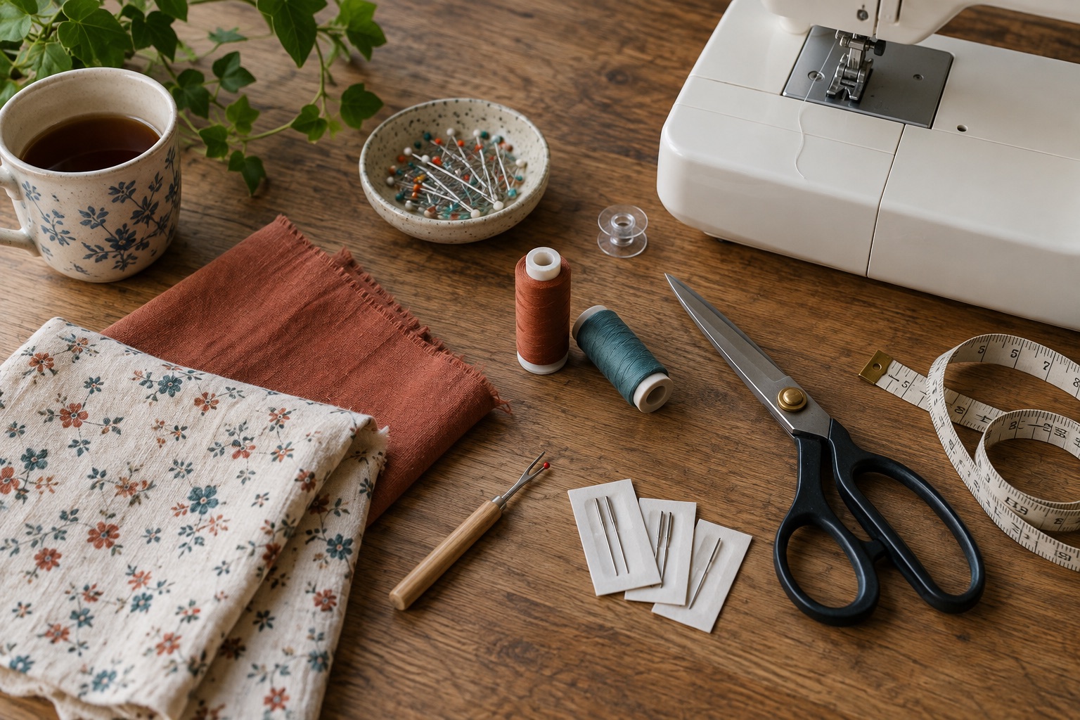 Sewing-machine starter tools including fabric scissors, tape, seam ripper, cased needles, thread and a cotton swatch on a worktable