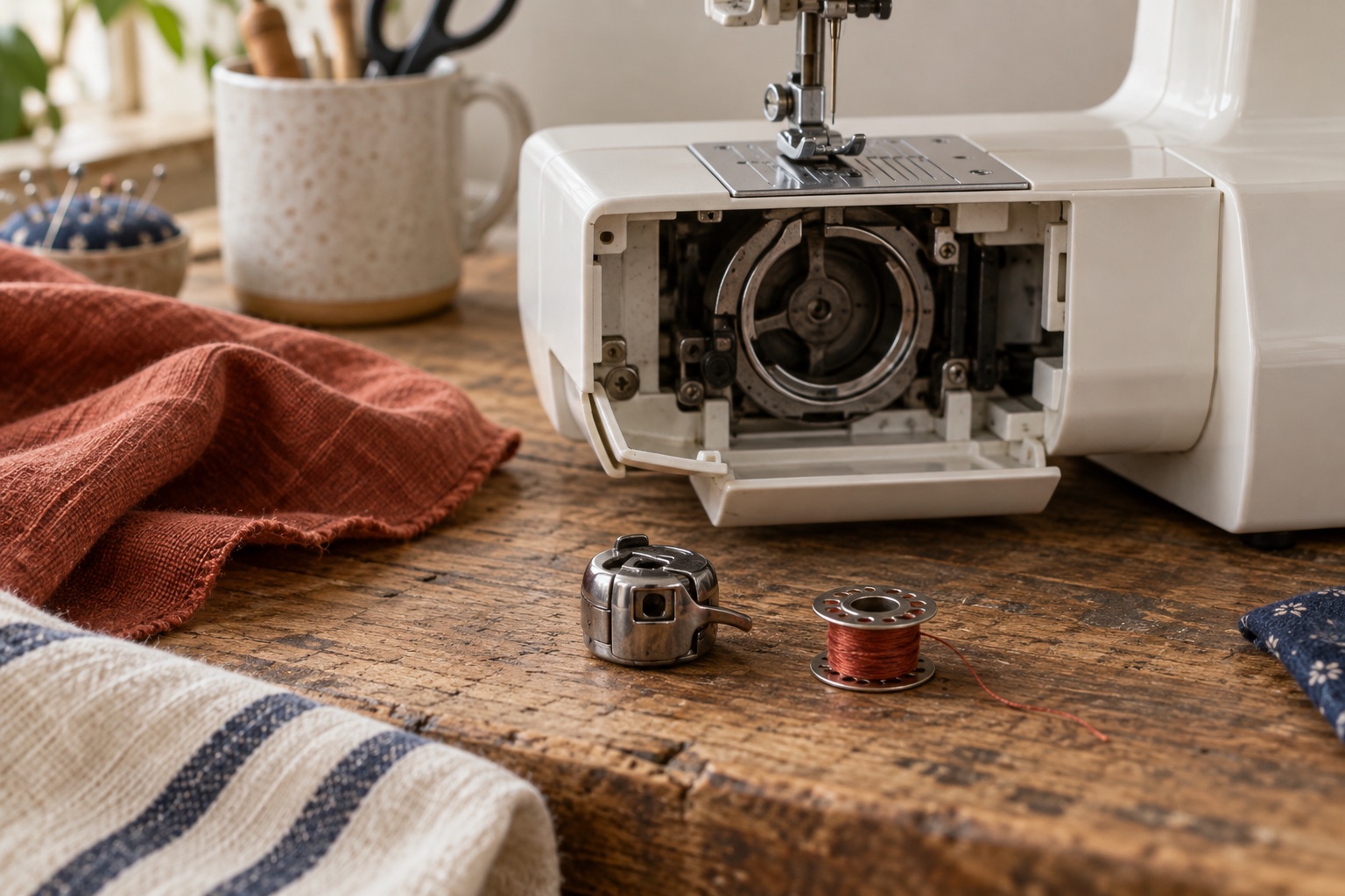 Removable metal bobbin case beside the open front access of an unbranded domestic sewing machine
