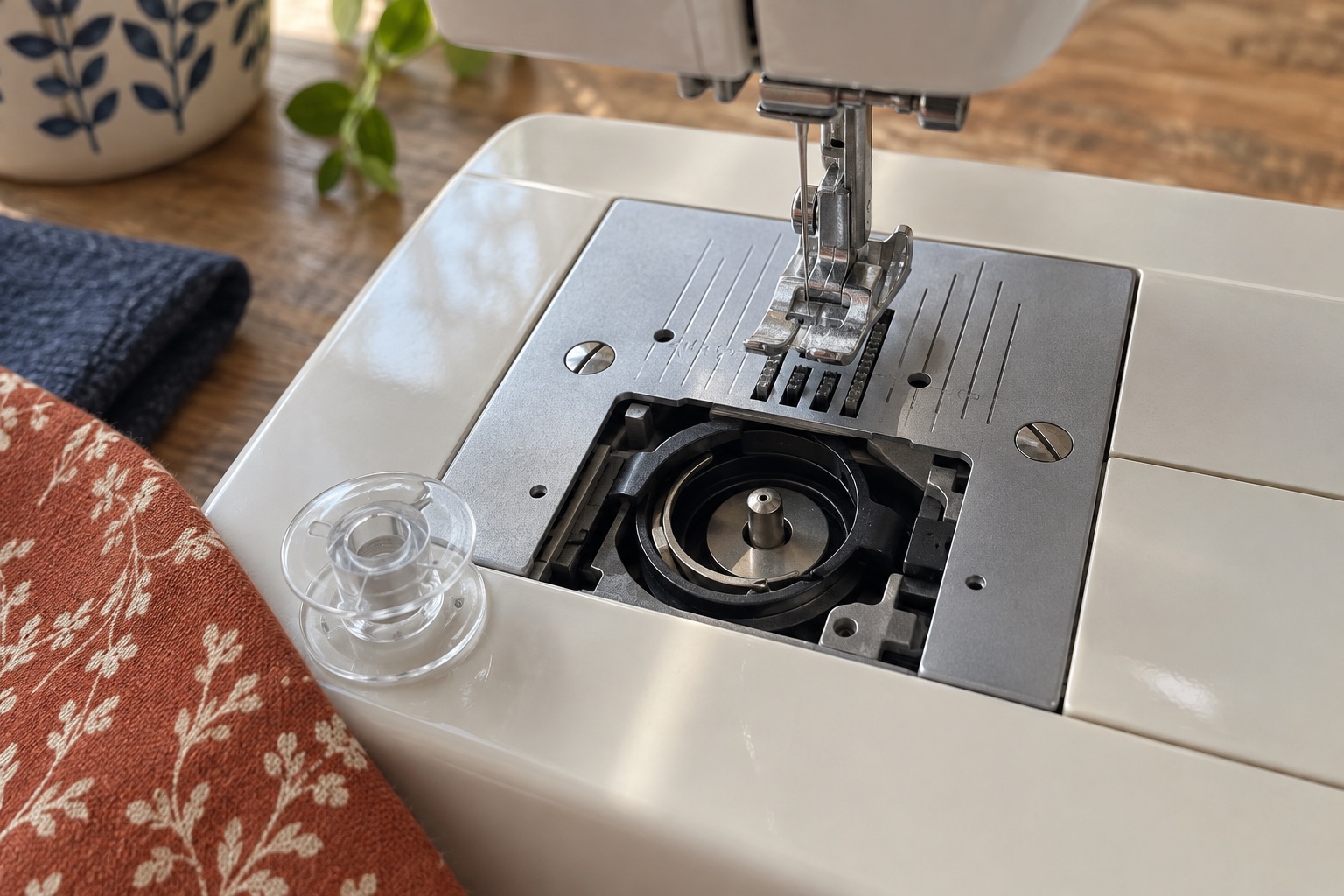 Open top-loading bobbin area and a separate clear bobbin on an unbranded domestic machine