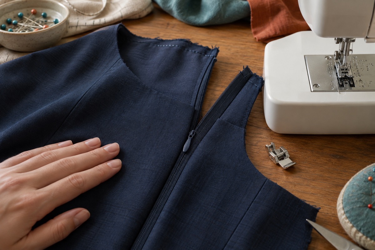 Editorial scene of a navy woven garment panel with a partly inserted concealed zip beside an unbranded sewing machine