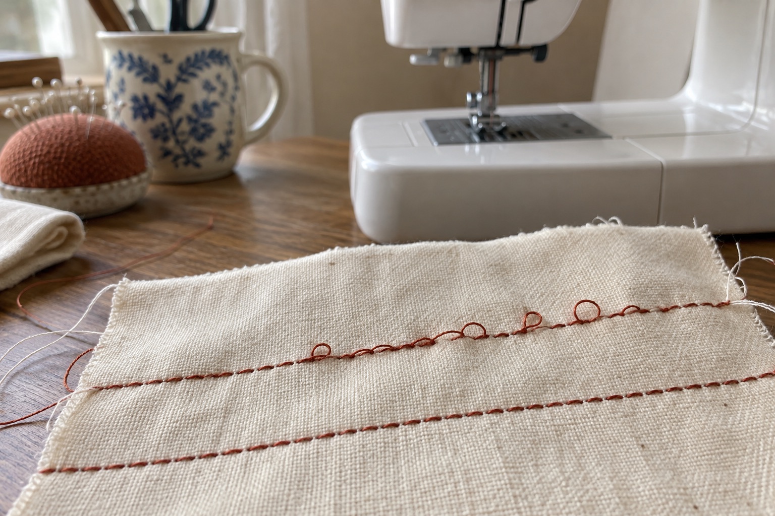 Cream cotton stitch sample with loose rust-coloured loops on one seam and a more even seam below