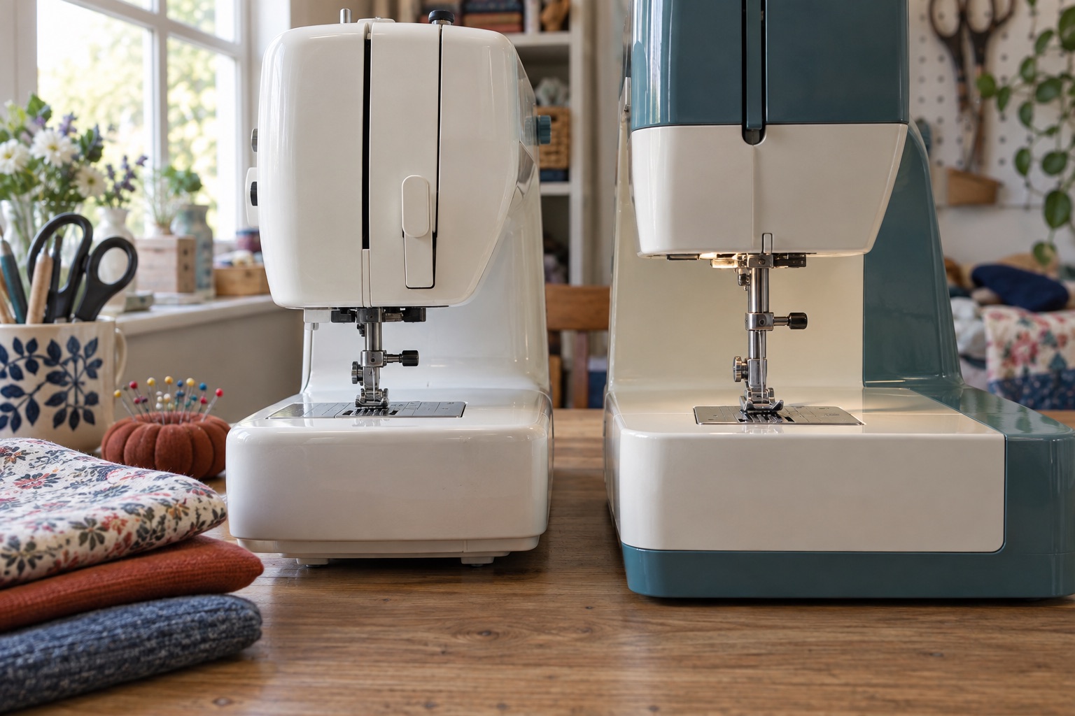 Two unbranded domestic machines photographed side by side with their presser bars visible