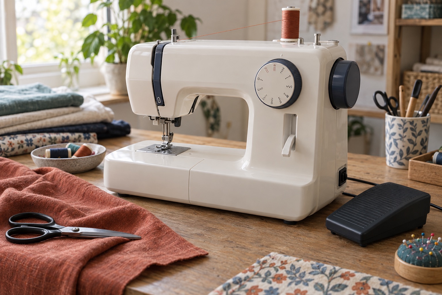 Unbranded domestic machine with stitch dial, handwheel and foot controller visible on a home worktable