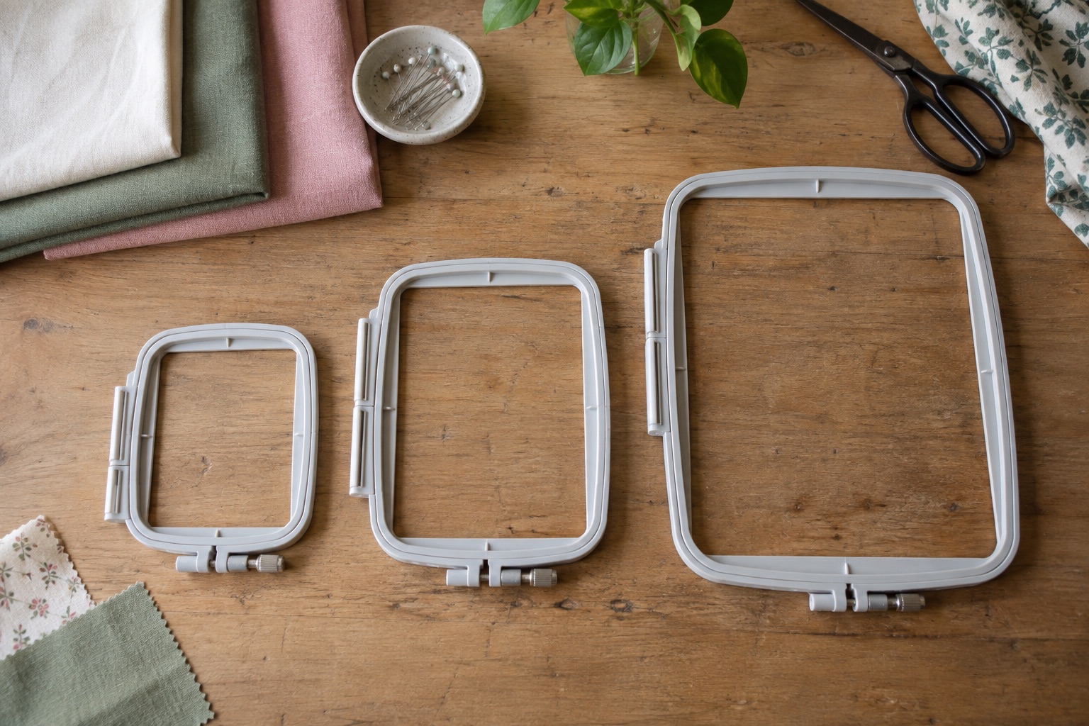 Three different sizes of unbranded rectangular machine embroidery hoops on a worktable