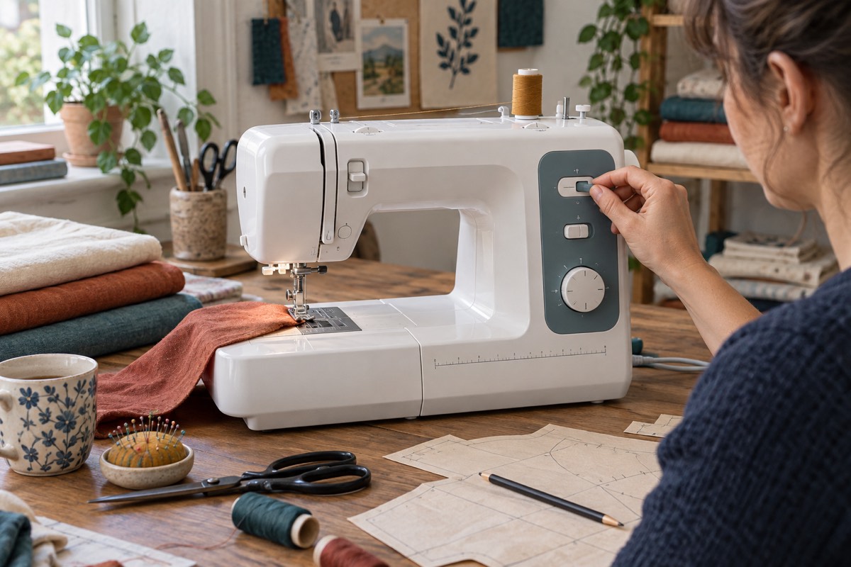 A home sewist adjusting practical controls on an unbranded sewing machine beside fabric samples