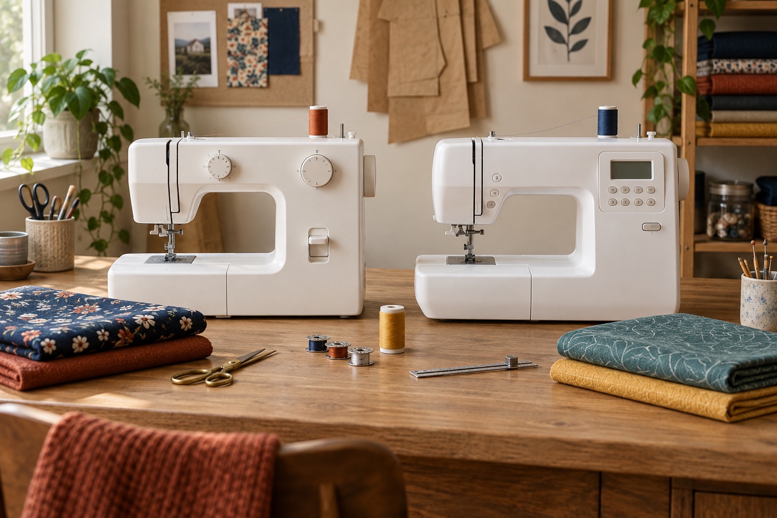 Two unbranded domestic sewing machines side by side in a home studio, one with mechanical dials and one with electronic controls