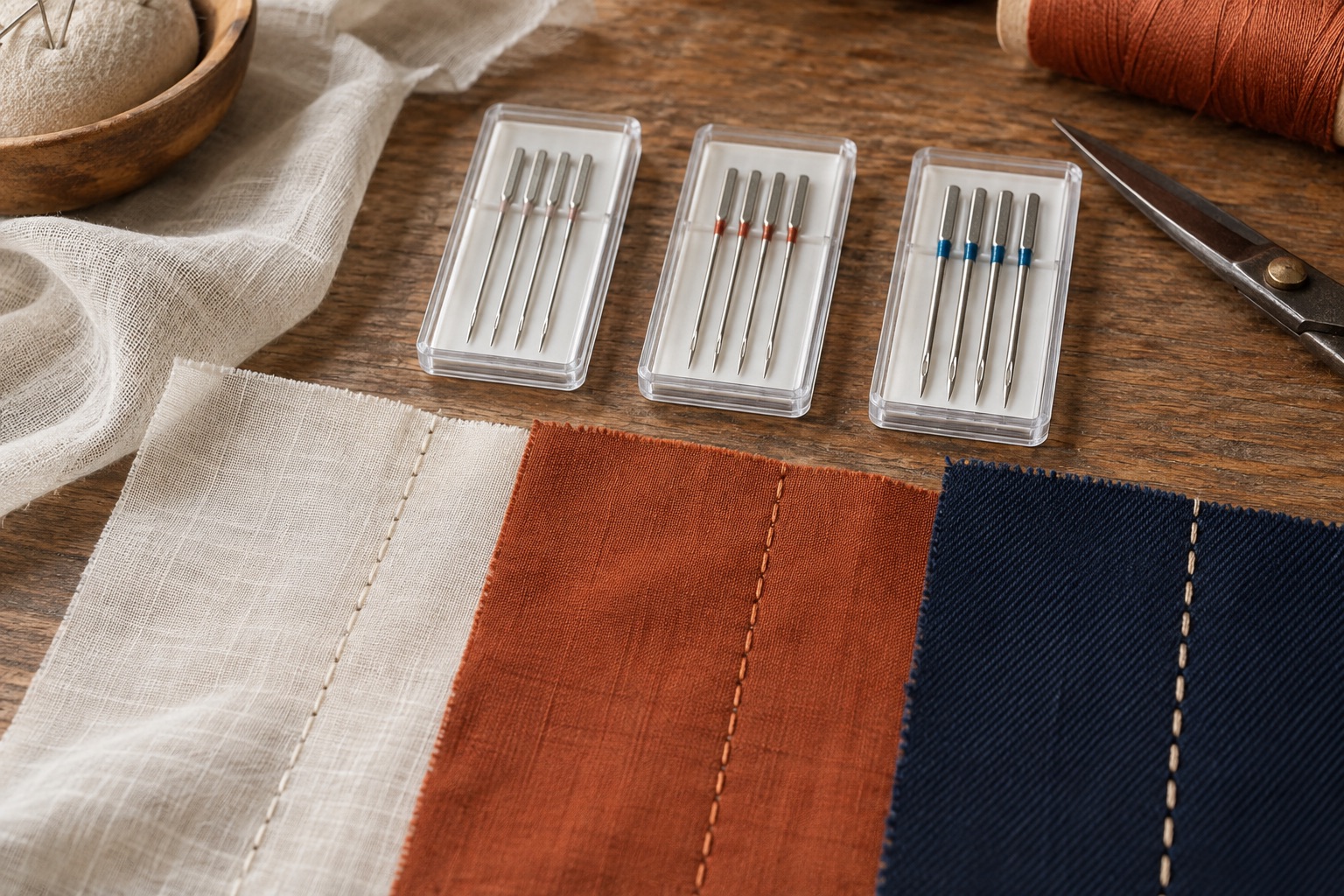Three protective needle cases beside fine, medium and heavy woven-fabric samples
