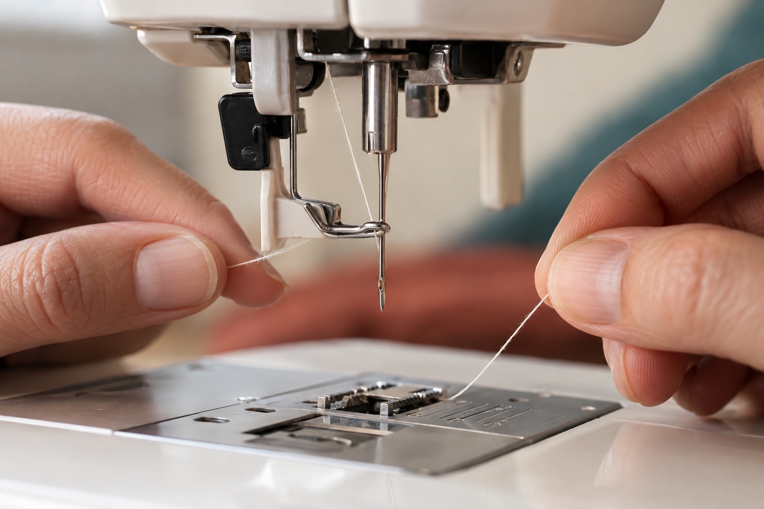 Close-up of an unbranded machine's built-in needle-threader area with the machine stopped