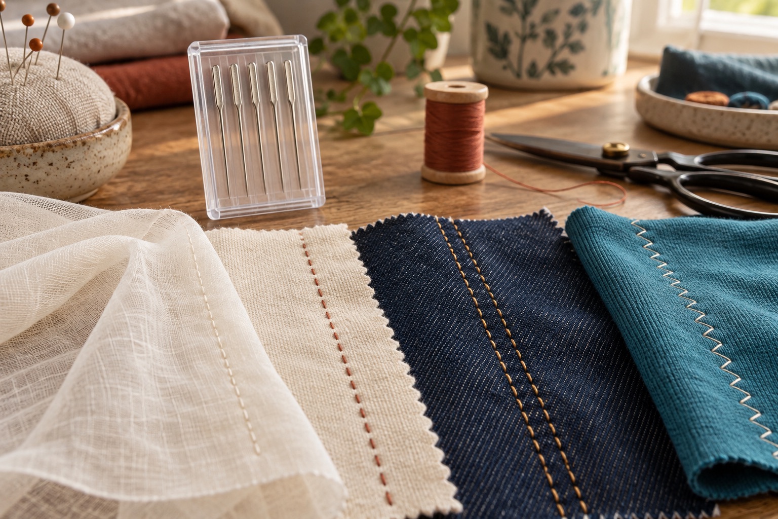 Cased domestic needles beside woven cotton, denim and knit-fabric samples