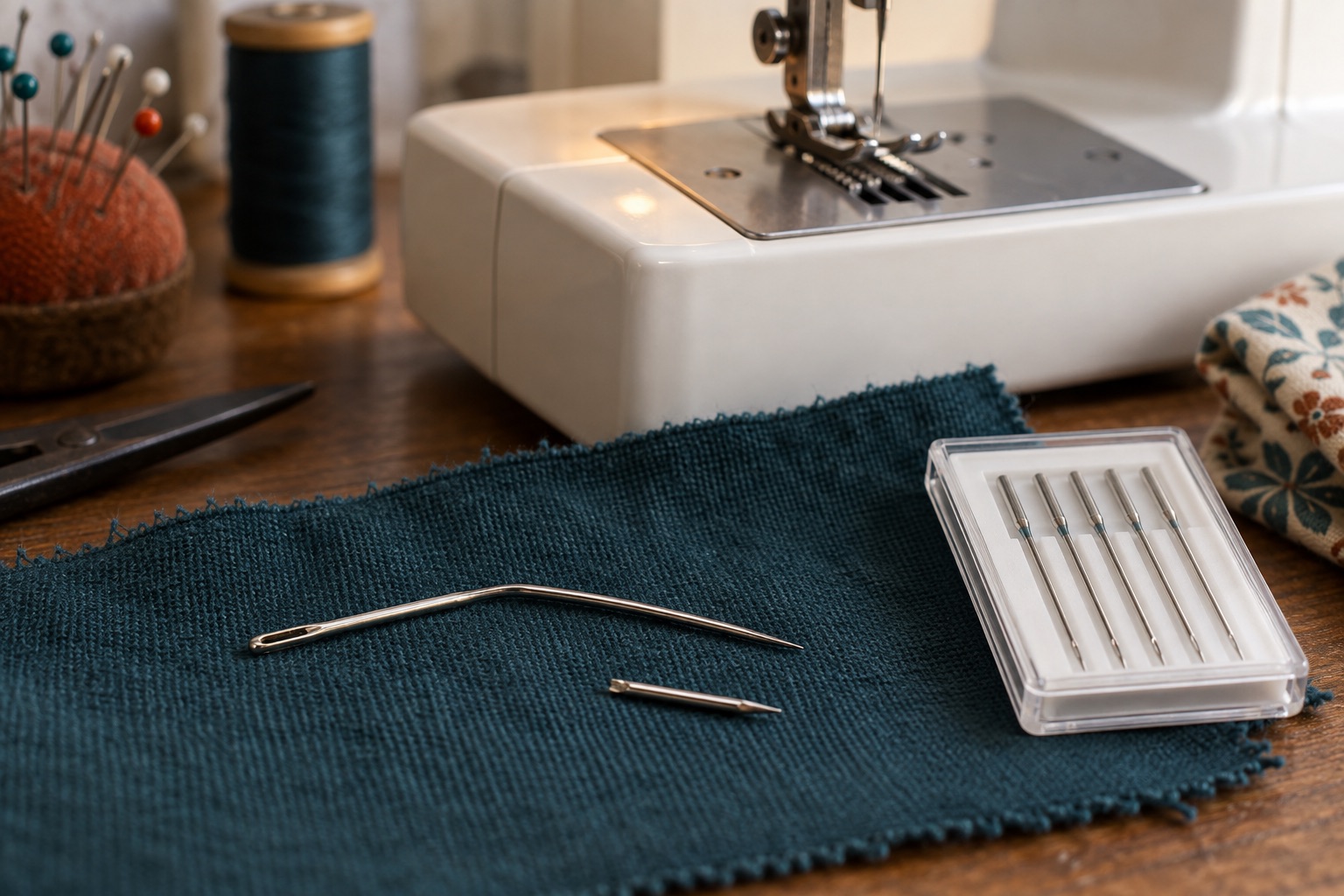 Bent sewing-machine needle beside fabric and a switched-off domestic machine