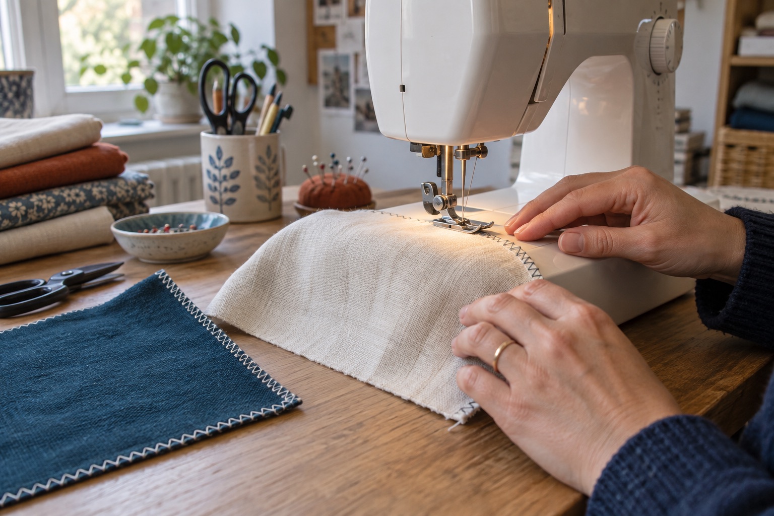 A cream woven-fabric edge being overcast on an unbranded domestic sewing machine