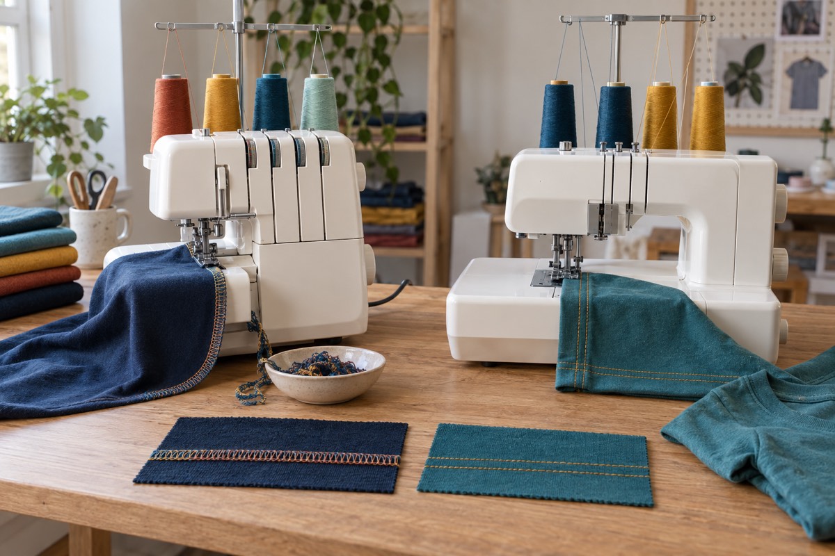 An unbranded overlocker finishing a raw edge beside a coverstitch machine sewing parallel lines on a folded knit hem